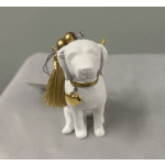 Small white dog figurine ornament with gold tassel and heart charm