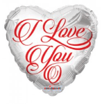 Heart-shaped silver balloon with red "I Love You" text