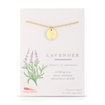 Gold disc pendant necklace with lavender engraving on an illustrated lavender card