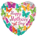 Heart-shaped balloon with colorful butterflies and "Happy Mother's Day" text