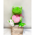 Green plush frog holding a pink heart and wearing a ribbon