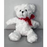 White teddy bear with a red ribbon around its neck