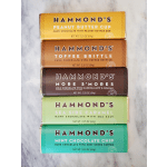 Stack of five Hammond's chocolate candy bars in colorful wrappers