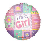 Round pastel balloon with "It's a Girl" text and patchwork floral patterns