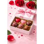 Box of heart-shaped chocolates with roses and a pink ribbon gift box