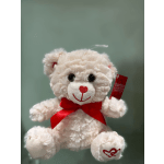 Cream plush teddy bear with a red bow and heart nose