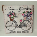 Decorative sign with bicycles carrying flower baskets and the words Flower Garden