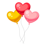 Three heart-shaped balloons in red, yellow, and pink