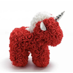 Red rose unicorn figurine with a white mane and silver horn