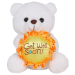 White teddy bear holding a "Get Well Soon!" sign