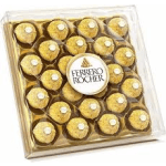 Box of Ferrero Rocher chocolates in gold wrappers