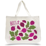 White canvas tote bag with pink beet illustrations, green leaves, and the phrase “BEET it” in pink lettering