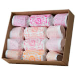 Boxed set of assorted bon bon soaps wrapped in pink and orange printed paper