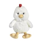 Small white plush chicken toy with yellow beak and feet and a red comb on top.