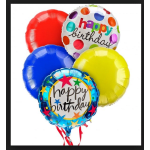 Bundle of colorful round happy birthday foil balloons with ribbons