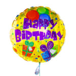 Round yellow birthday balloon with colorful gift graphics