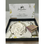Ceramic flower fragrance diffuser gift set with a white rose and oil bottle