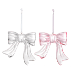 Two satin bow ornaments, one white and one pink, with hanging loops
