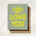 A greeting card with a yellow eye icon and the words LOVE YOU