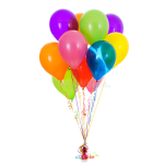 Cluster of colorful balloons with curling ribbons