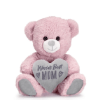 Pink teddy bear holding a gray heart pillow with 'World's Best Mom' text
