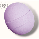 Lavender bath bomb with a 50% off badge