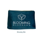 Blue zippered pouch with Blooming Blossoms logo and text