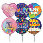 Assorted birthday balloons in pink, blue, and multicolor designs