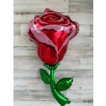 Red rose-shaped foil balloon with green stem and leaves