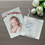 Baby memorial card with a glass cross and white tulips