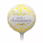 Round foil balloon reading Happy Anniversary in gold and silver