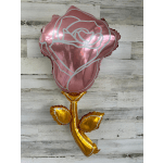 Pink rose-shaped foil balloon with gold stem and leaves