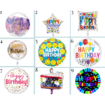 Nine colorful birthday balloons with "Happy Birthday" text.