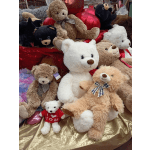 Assorted teddy bears arranged with red balloons