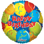 Round birthday balloon with colorful confetti and "Happy Birthday" text