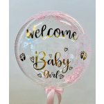 Clear balloon with pink confetti and "Welcome Baby Girl" text