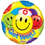 Round get well balloon with smiling faces and colorful background