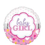 Round pink and white baby girl balloon with polka dots