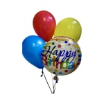 Birthday balloon bouquet with red, yellow, and blue balloons