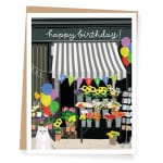 Birthday card with a flower shop, balloons, and a cat