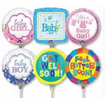 Six baby-themed foil balloons with messages like baby girl, baby boy, and get well soon.