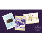 Three birthday cards with floral and cake designs on a purple textured background