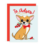 Greeting card with a cartoon dog holding roses and the text "Te Adoro!"