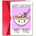 Birthday card with a cartoon bowl of pho and red envelope