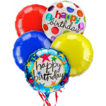 Cluster of colorful birthday balloons with two printed "happy birthday" balloons