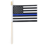 Small black-and-white flag with a blue stripe on a stick