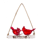 Hanging ornament with two red glass birds perched on a snowy birch-style branch