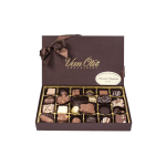 Box of assorted chocolates in a brown gift box with a ribbon