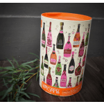 Cylindrical container with colorful champagne bottle illustrations