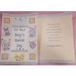 Baby congratulations card with pastel teddy bears and the words "On Your Baby's Special Day"